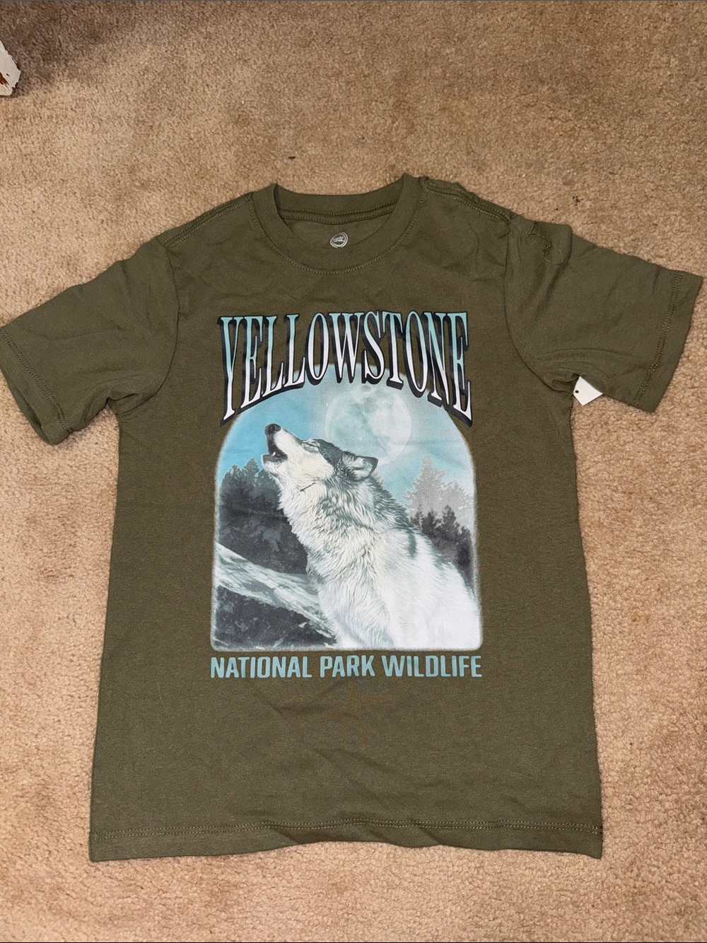 wonder nation Olive Green Yellowstone Wolf Tee with Blue Accents‎
